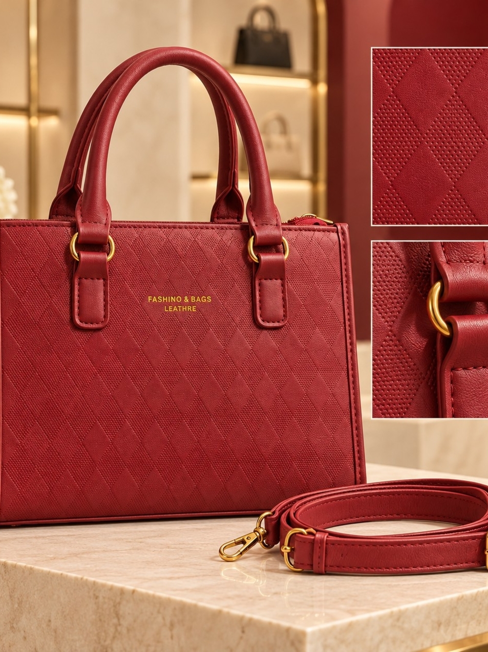 Fashino & Bags Red Quilted Satchel with Detachable Strap